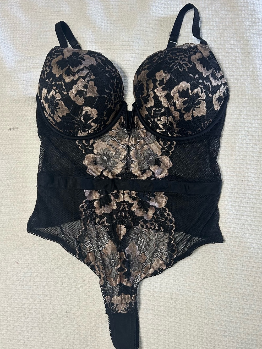 Auden Black Lace Bodysuit with Champagne Floral Embroidery